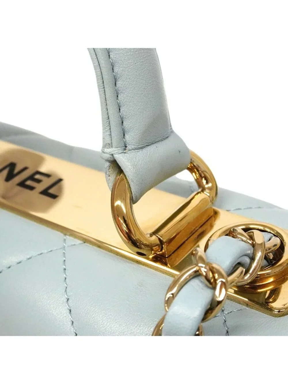 Chanel Handbag Quilted Lambskin Light Blue Champagne Gold 2-Way